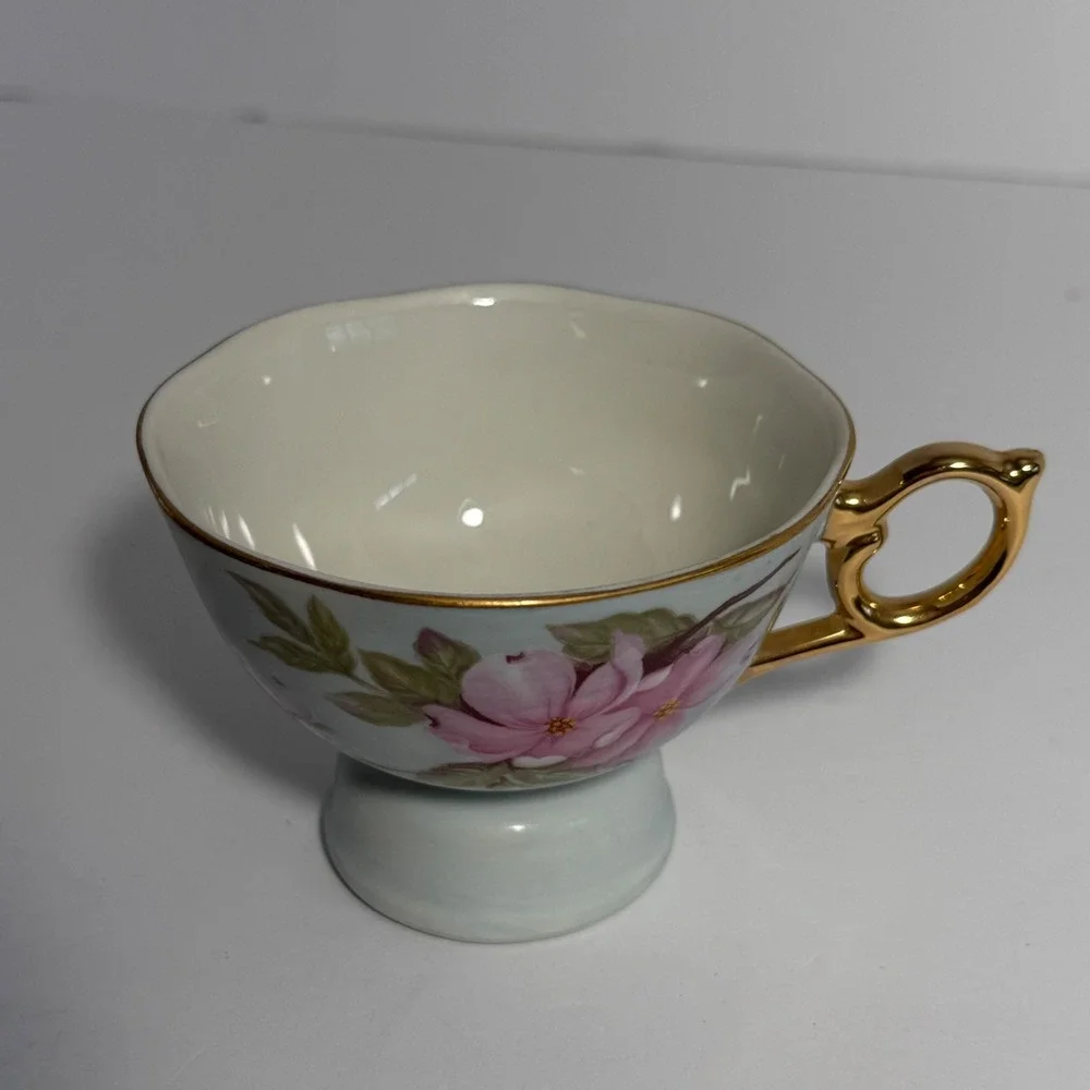 Vintage Lefton China Musical Teacup Pink Floral Gold Trim Footed Porcelain Japan